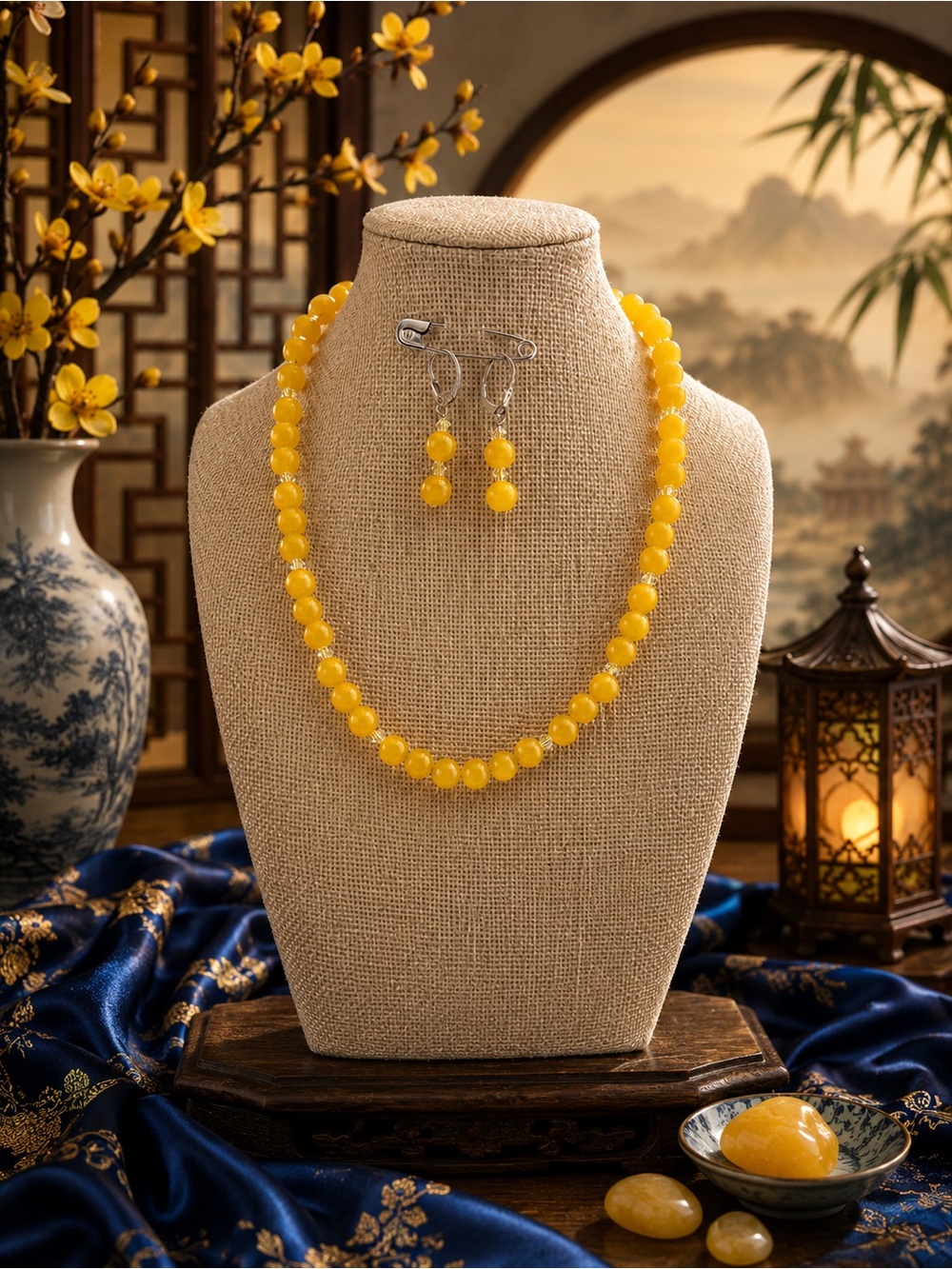 925 Yellow Jade Necklace & Matching Earrings Set 💛